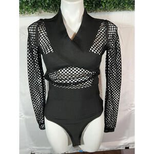 Black Mesh Long Sleeve Bodysuit with Deep V Neck